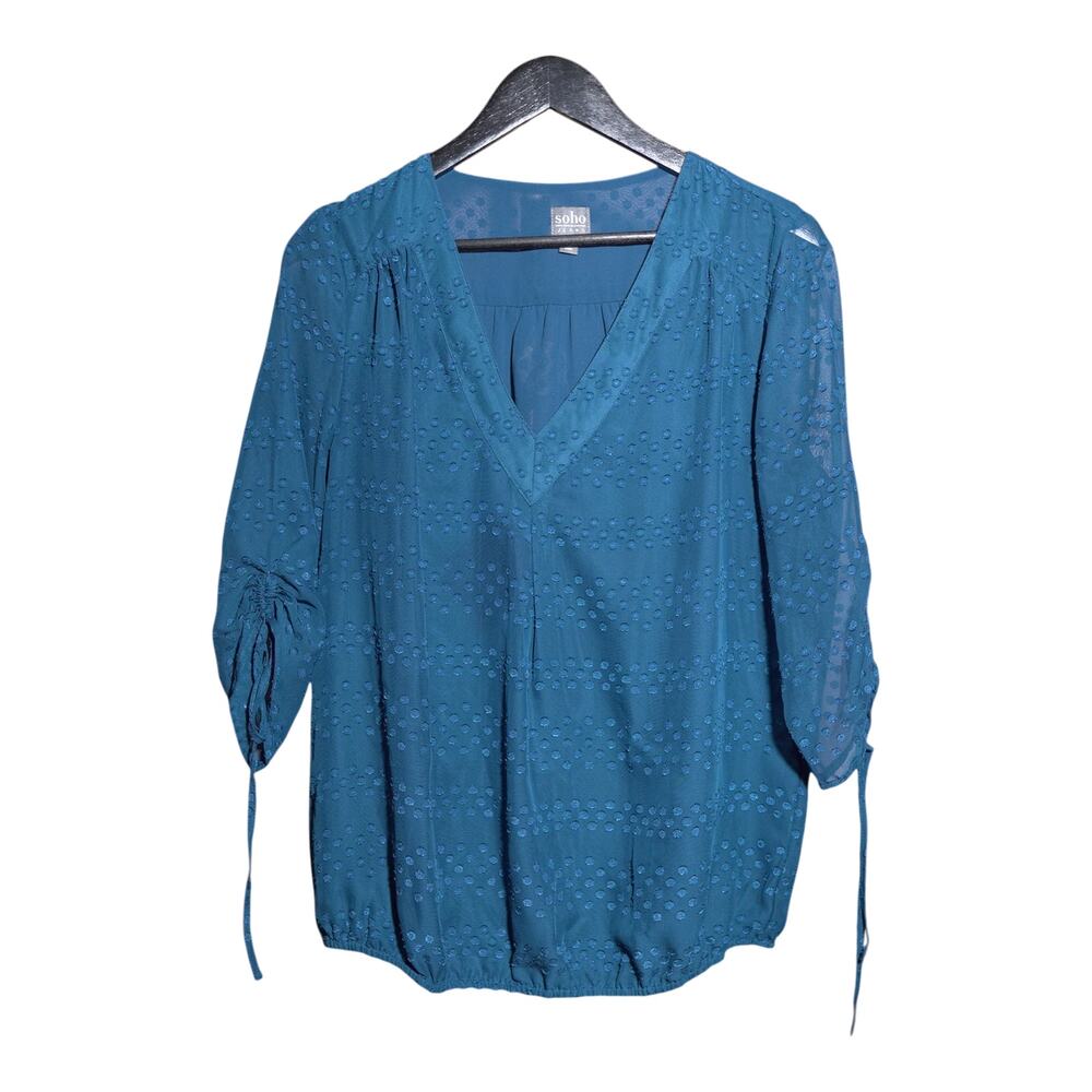 Sheer Teal Blouse Sz M Lined V-Neck 3/4 Sleeve Swiss Dot Loose Fit NY& CO - Picture 2 of 12